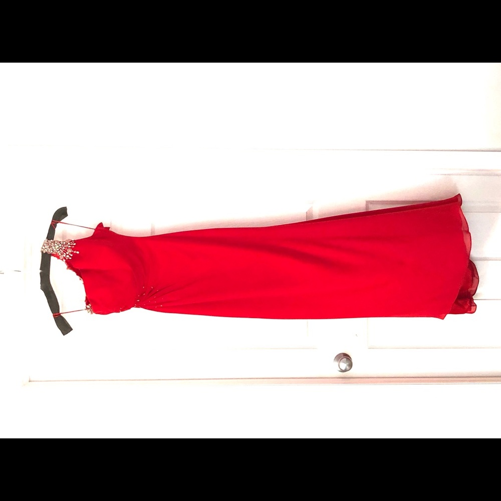 Ruby red long backless beaded formal dress